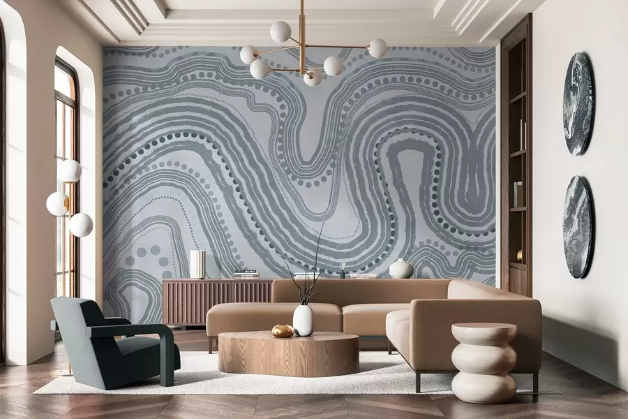 Fototapetai Abstrakčios mėlynos banguotos linijos ir taškai, modernus tekstūrinis menas w09747v3