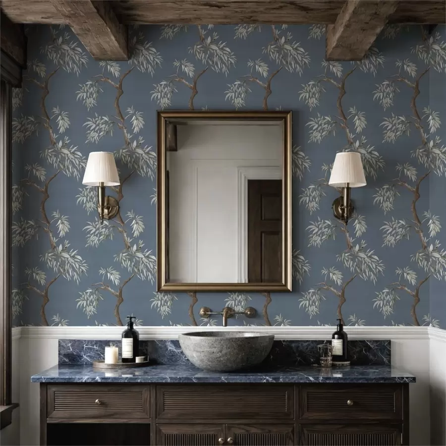 Fototapetai Medžio šaka su lapais mėlyname fone a01117