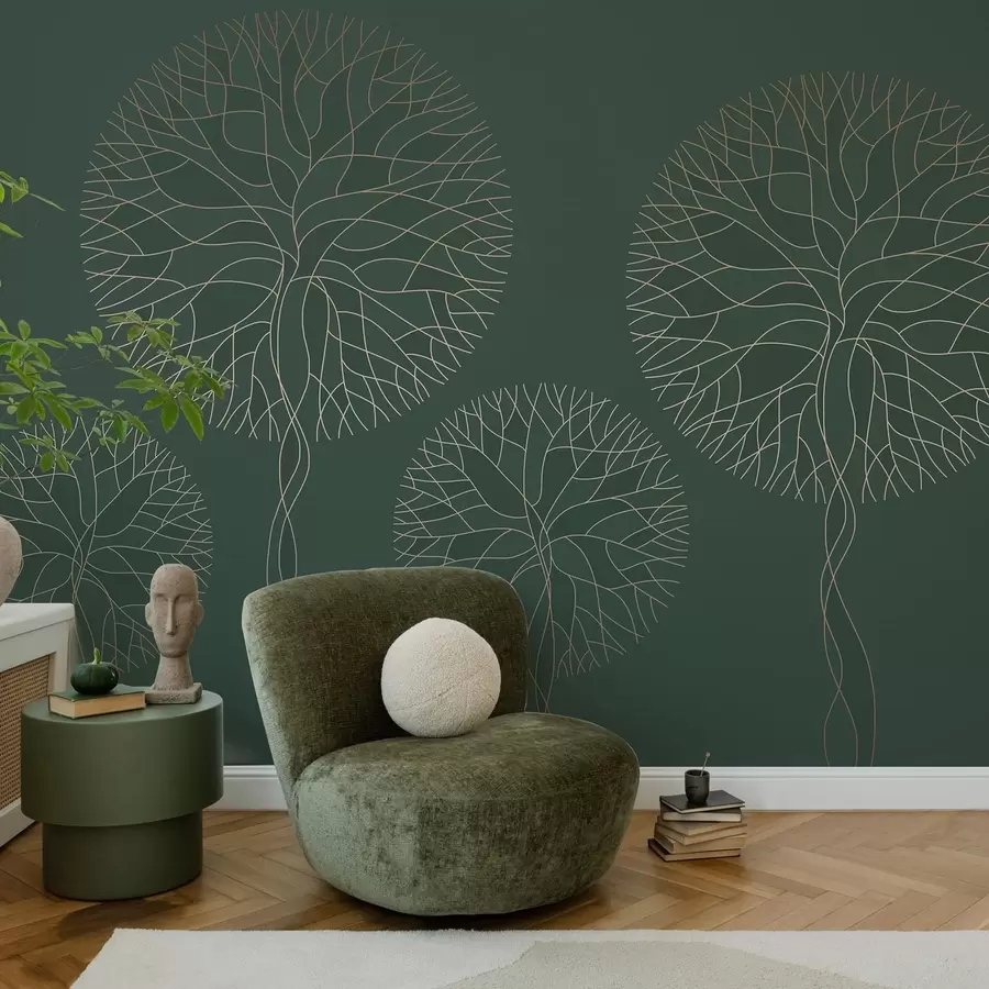 Fototapetai Fantazijos linijiniai medžiai su sodriais vainikais elegantiškų tamsiai žalių atspalvių w05213v2