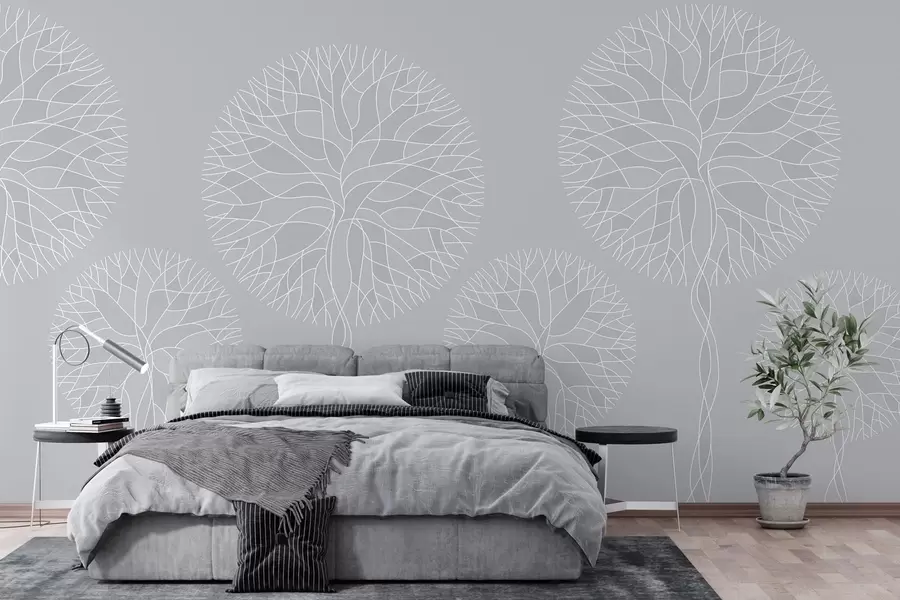 Fototapetai Fantazijos linijiniai medžiai su sodriais vainikais šviesiai pilkos spalvos tonais w05213v4