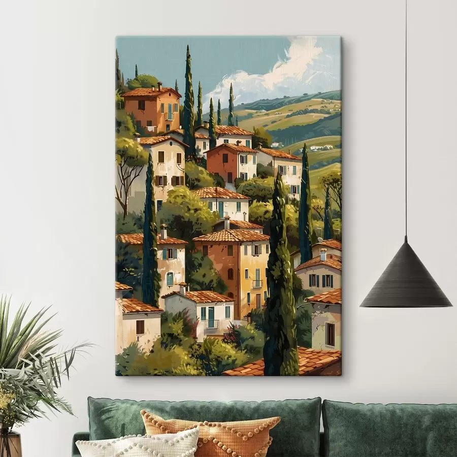 Paveikslėlis Viduržemio jūros pakrantės kaimas, išdėstyti šiltų atspalvių namai su terakotos stogais s47950