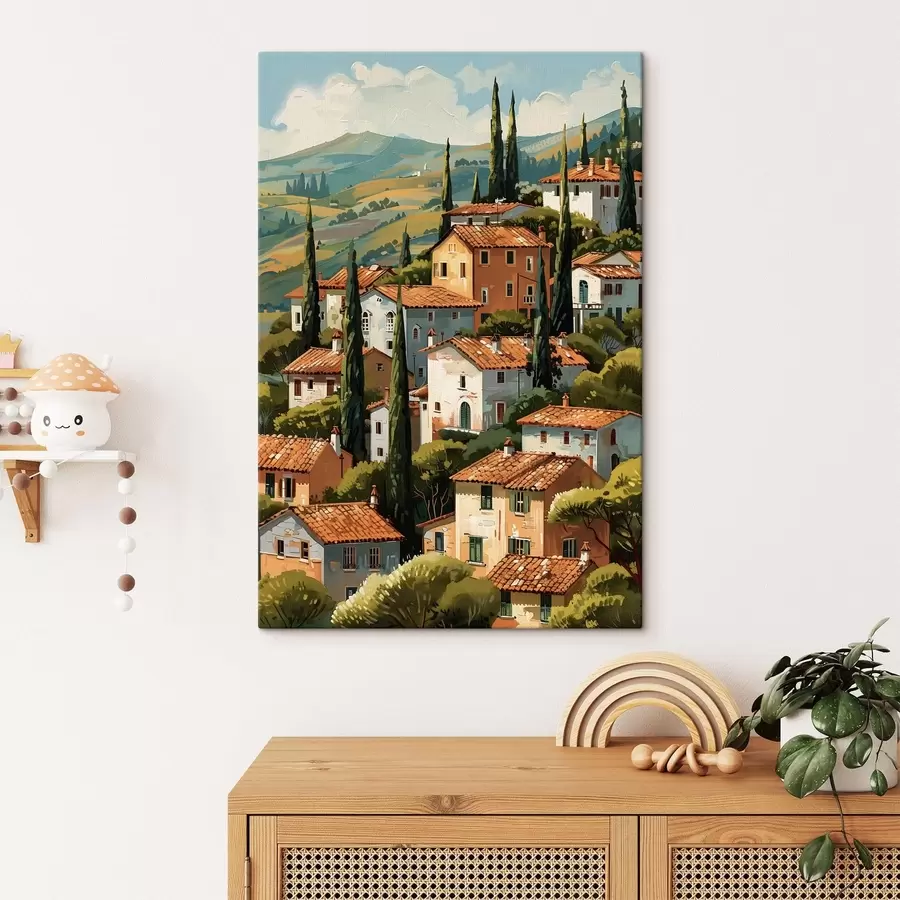 Paveikslėlis Viduržemio jūros pakrantės kaimas, išdėstyti šiltų atspalvių namai su terakotos stogais s47951