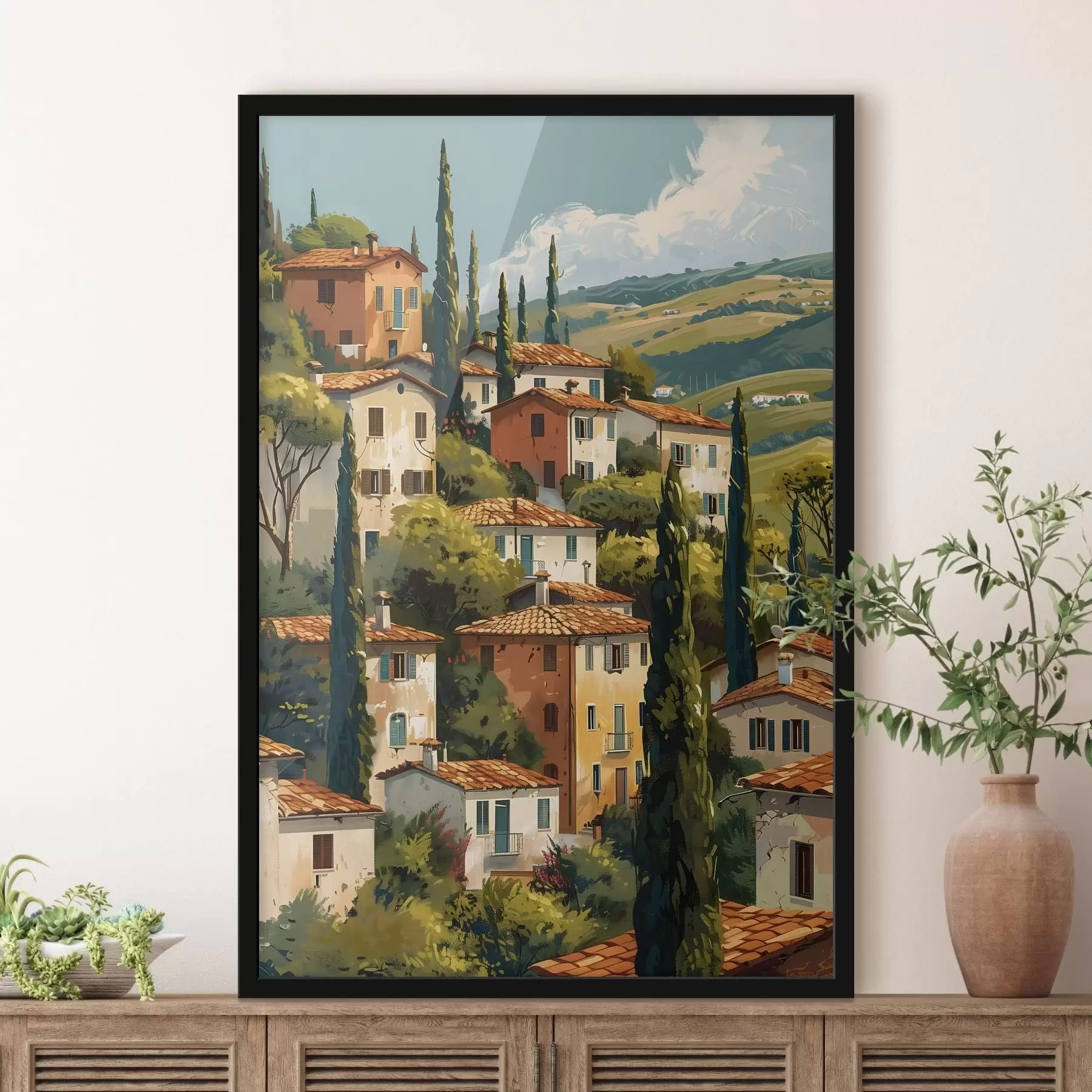 Fototapetai Viduržemio jūros pakrantės kaimas, išdėstyti šiltų atspalvių namai su terakotos stogais f47950