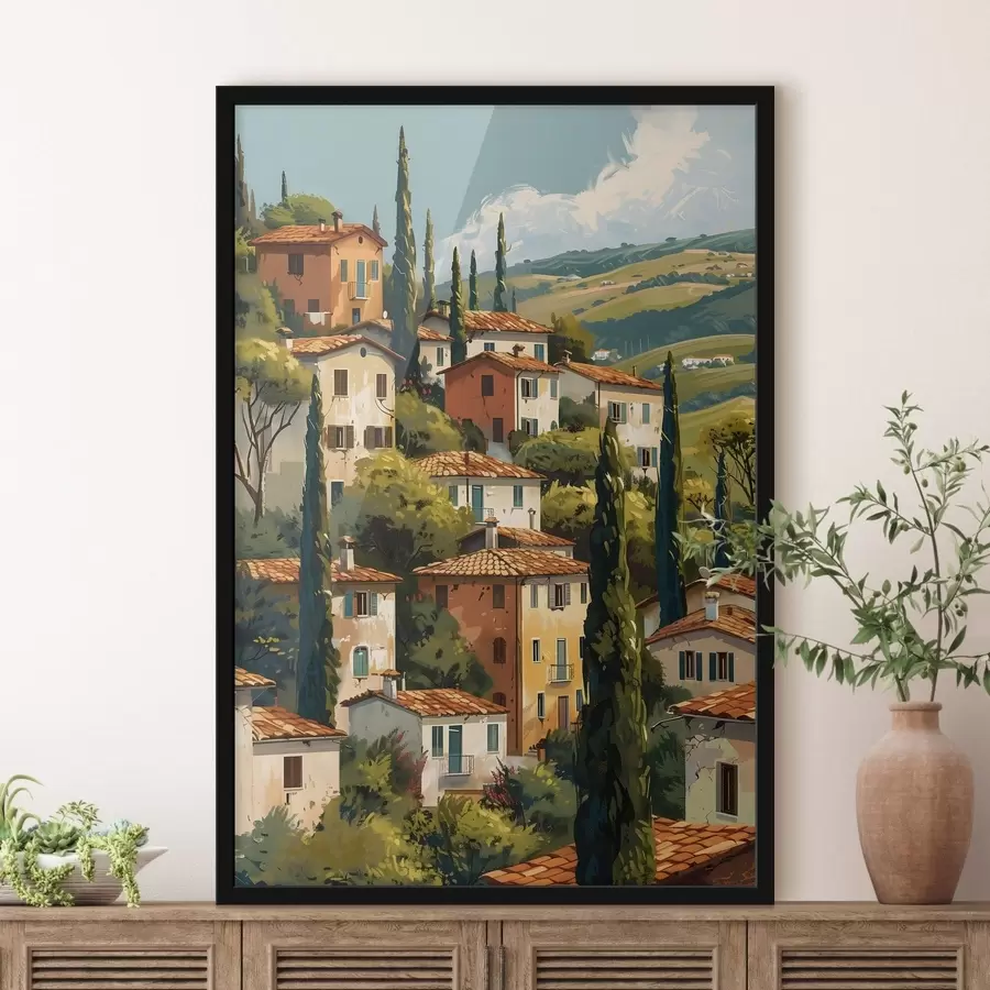 Fototapetai Viduržemio jūros pakrantės kaimas, išdėstyti šiltų atspalvių namai su terakotos stogais f47950