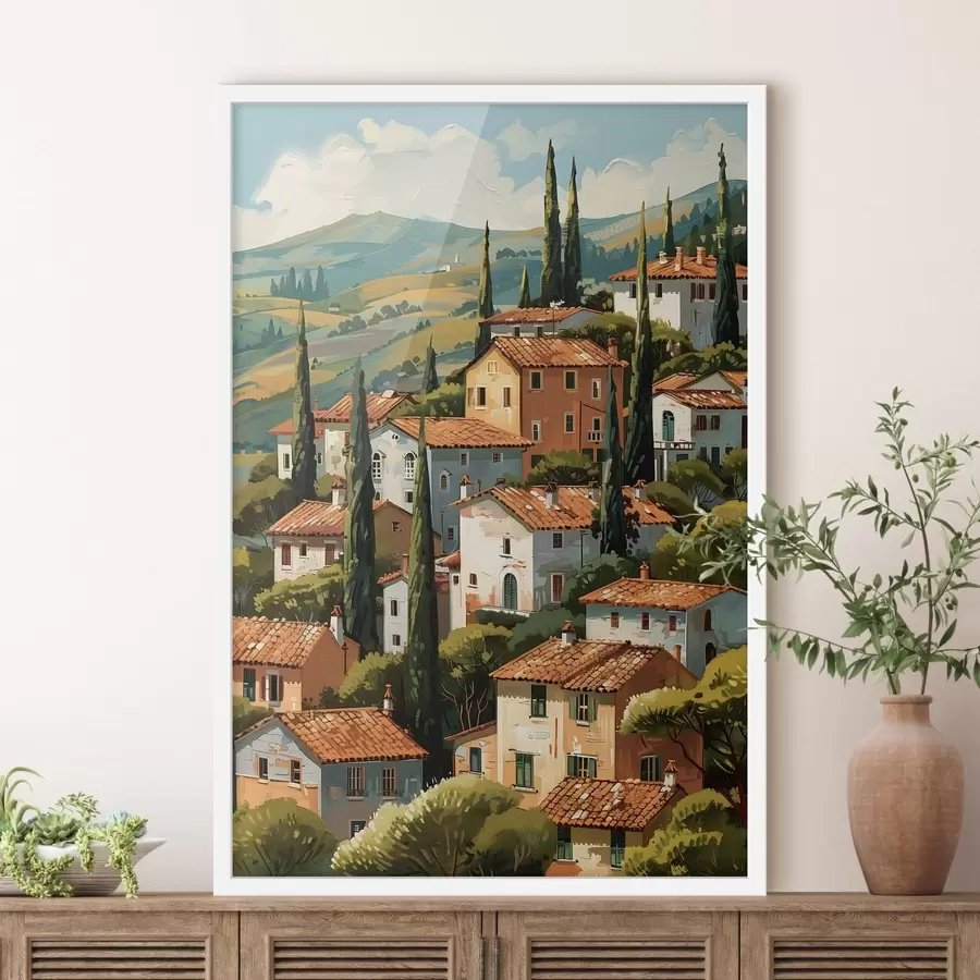 Fototapetai Viduržemio jūros pakrantės kaimas, išdėstyti šiltų atspalvių namai su terakotos stogais f47951