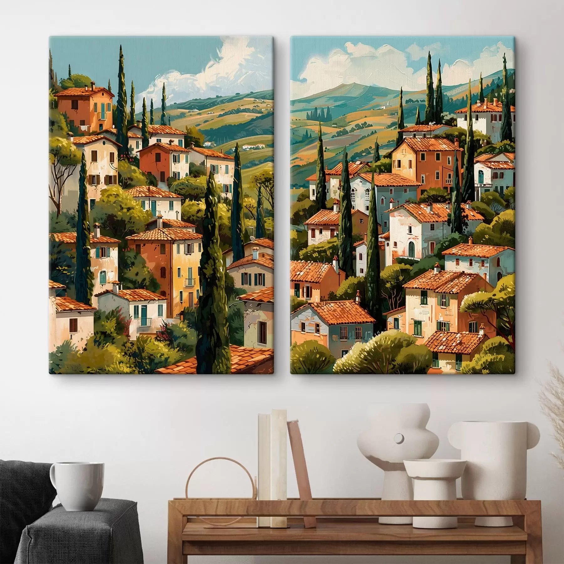 Paveikslėlis Viduržemio jūros pakrantės kaimas, išdėstyti šiltų atspalvių namai su terakotos stogais m30097