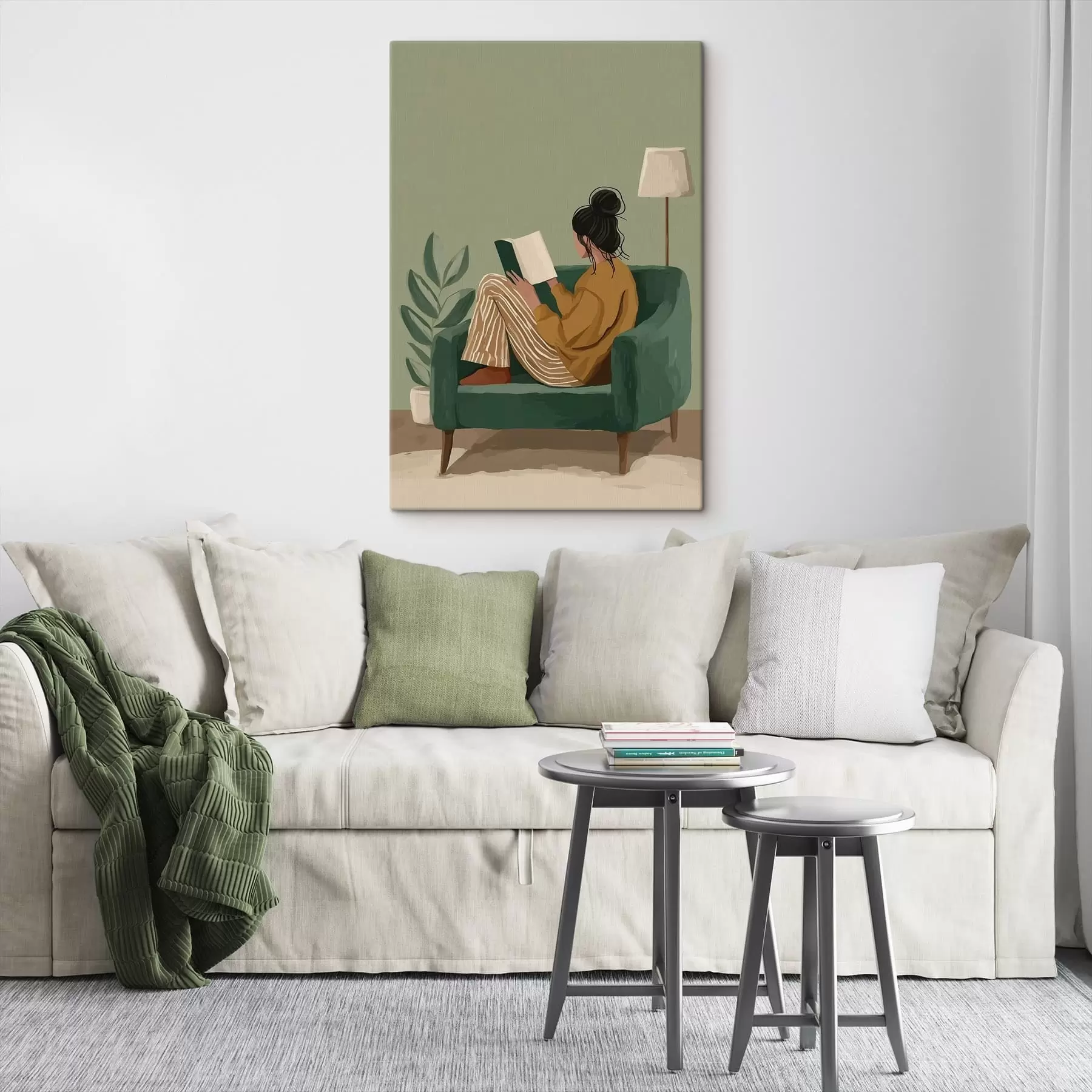 Paveikslėlis minimalistinė jauki iliustracija, vaizduojanti moterį, sėdinčią fotelio ir skaitančią knygą s48118