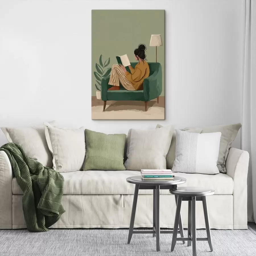 Paveikslėlis minimalistinė jauki iliustracija, vaizduojanti moterį, sėdinčią fotelio ir skaitančią knygą s48118