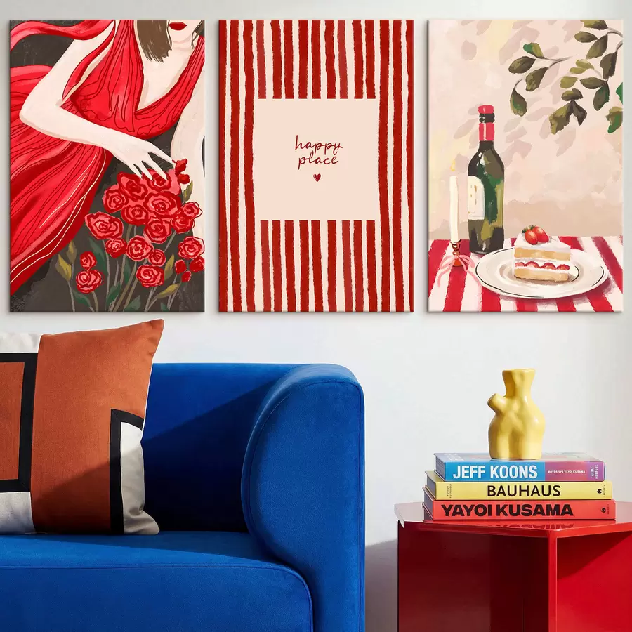 Paveikslėlis Moteris su rožėmis, dryžuotu plakatu ir stalu m30099