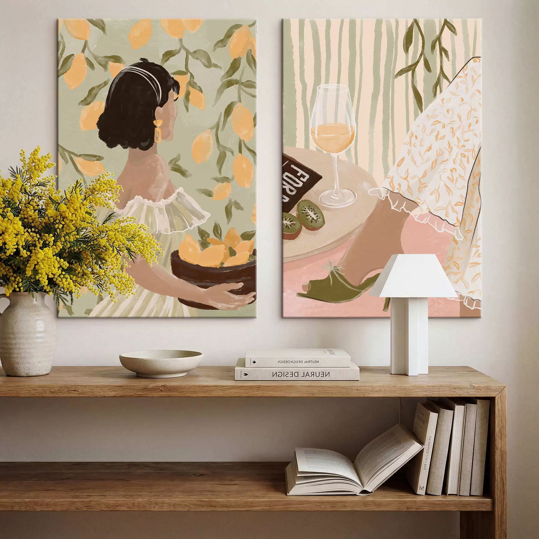 Paveikslėlis Moteris su citrinomis ir stalas su stikline m30104