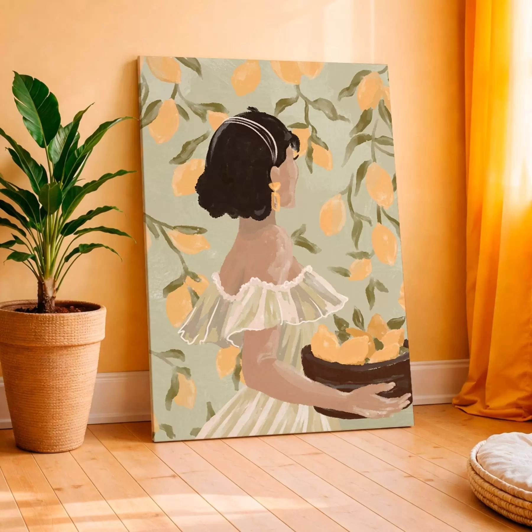 Paveikslėlis Moteris, laikanti dubenėlį su citrinomis už šakelių s48023