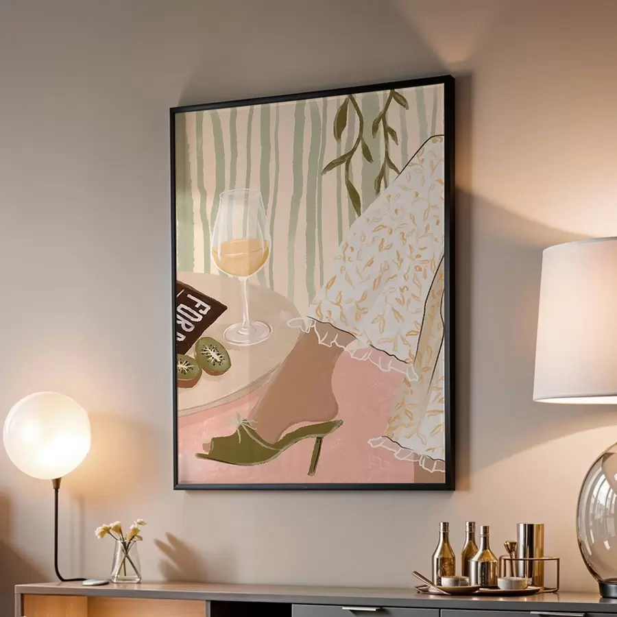 Fototapetai Stalas su vyno taure ir kivi prie suknelės f48021