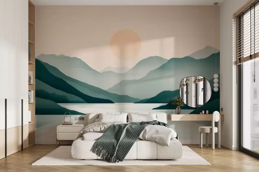 Fototapetai Ramus kalnų peizažas su saule virš ežero w09735