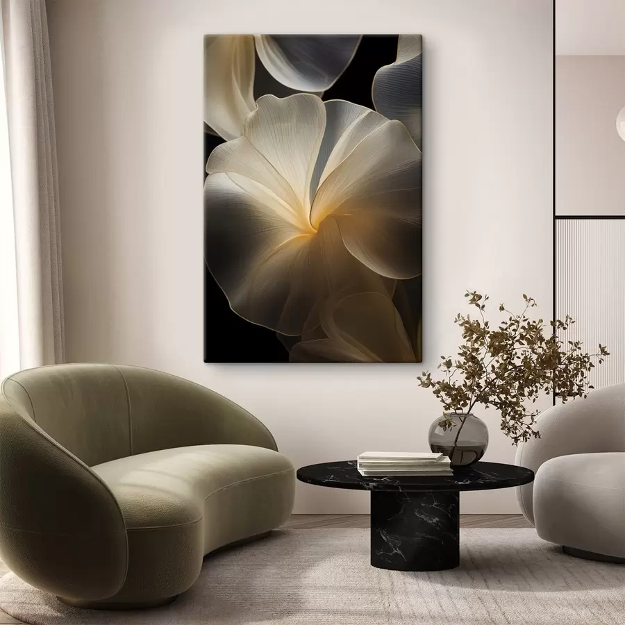 Paveikslėlis Abstrakčios, permatomos žiedlapių formos figūros su subtiliais kontūrais, kontrastuojančios su tamsiu fonu. s47860