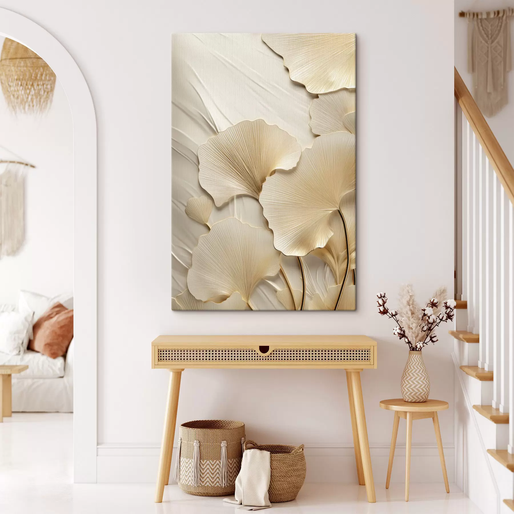 Fototapetai Ginkgo abstrakčios lapai ant tekstūruoto, šviesaus fono, elegantiška ir abstrakti kompozicija s47867