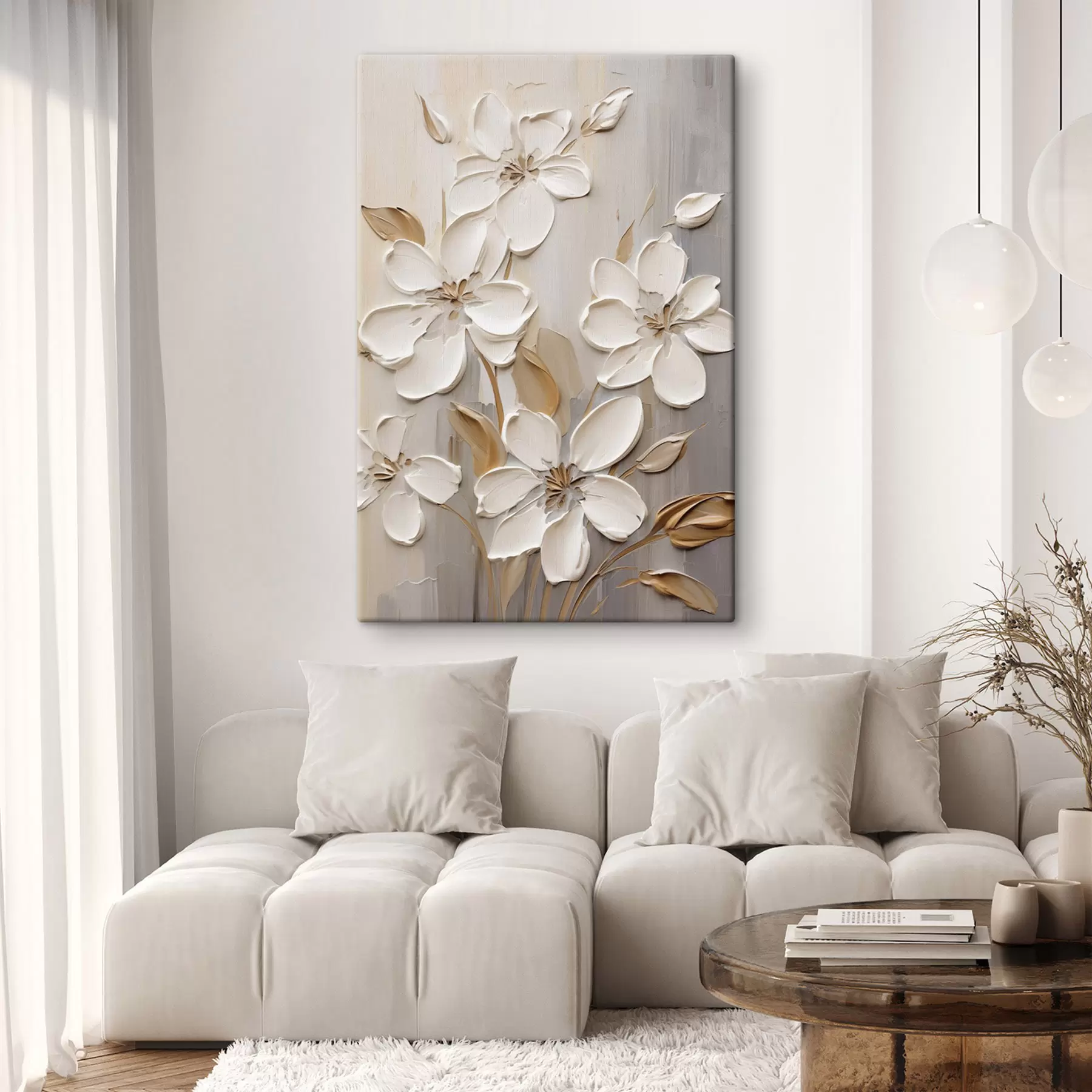 Paveikslėlis Abstrakčios baltos gėlės su tekstūruotais žiedlapiais, neutraliame fone su subtiliais teptuko potėpiais. s47874