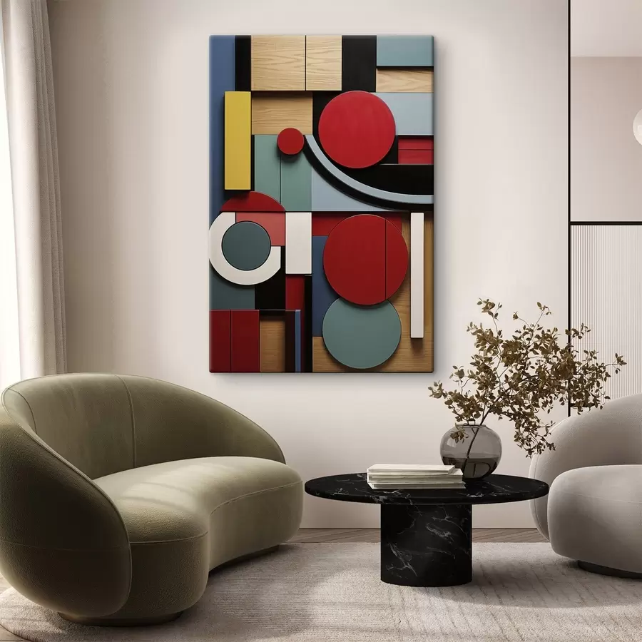 Paveikslėlis Abstrakčioji geometrinė kompozicija su medžio tekstūros imitacija, raudonais, juodais, baltais ir žaliais stačiakampiais ir apskritimais s47876