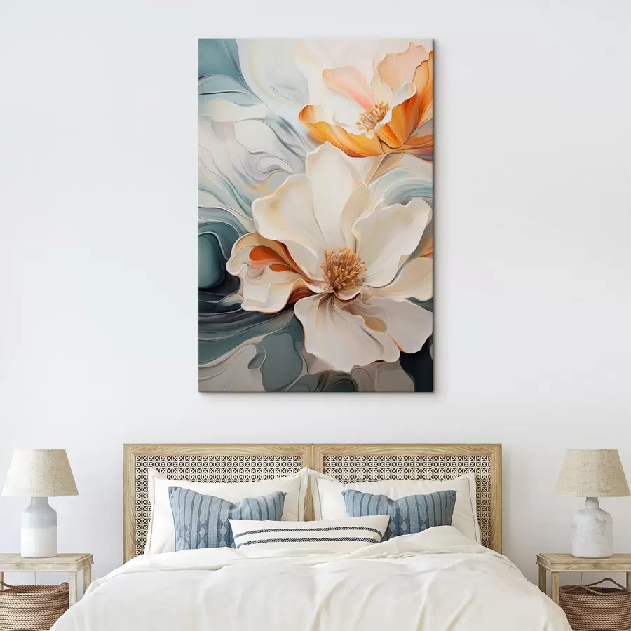 Paveikslėlis Abstraktus didelis gėlė su baltais, oranžiniais ir žalios spalvos žiedlapiais, tekstūruotu fonu s47878