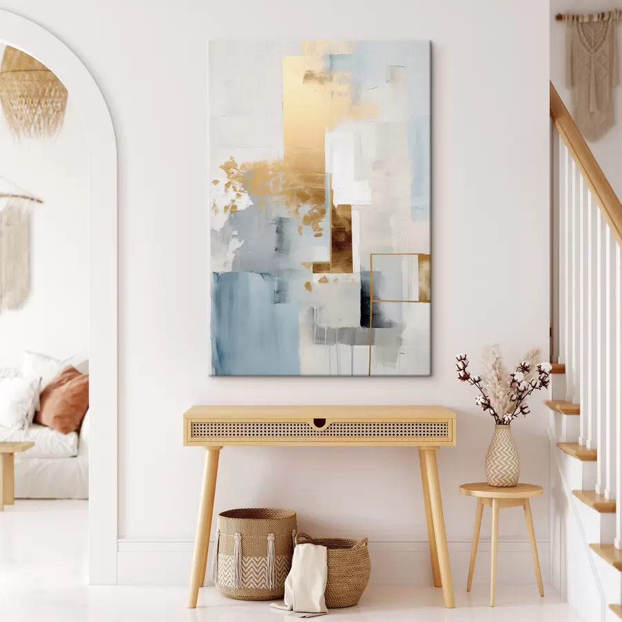 Paveikslėlis Abstrakčios geometrinės formos su geltonos, mėlynos ir baltos spalvomis, tekstūruota ir minimalistinė kompozicija s47881