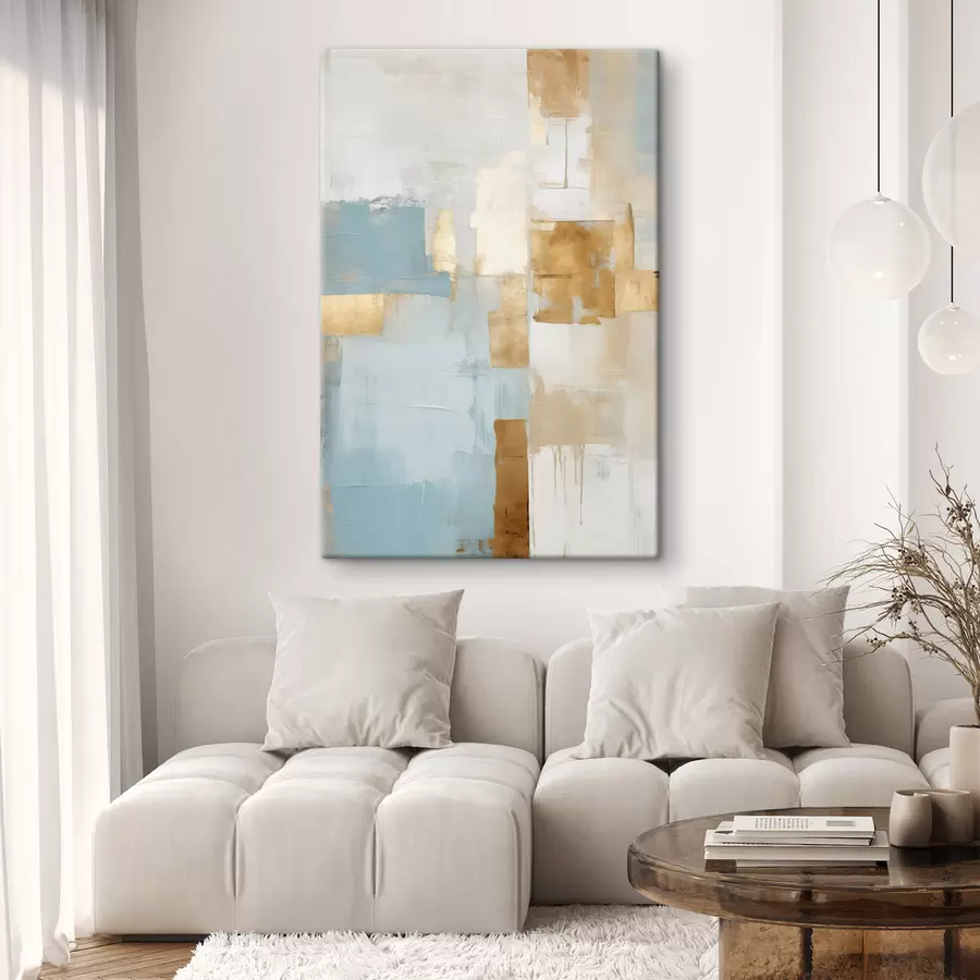 Paveikslėlis Abstrakčios geometrinės formos su geltonos, mėlynos ir baltos spalvomis, tekstūruota ir minimalistinė kompozicija s47882