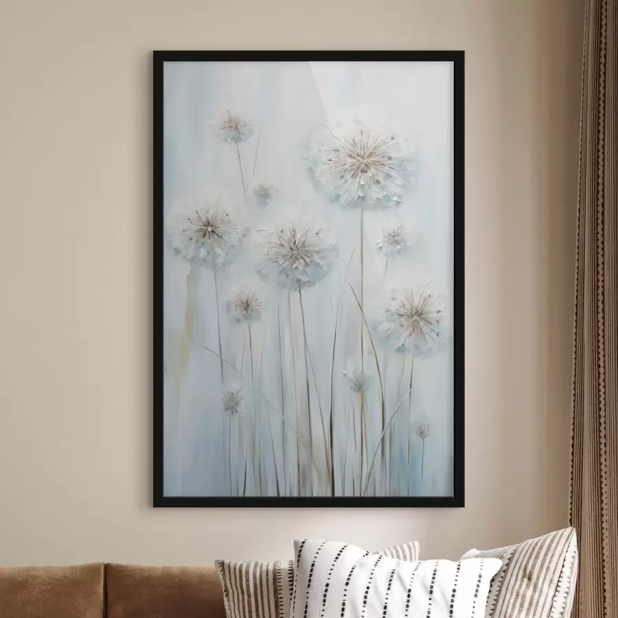 Fototapetai Tekstūrinis tapybos stilius, vaizduojantis kiaulpienes ant švelnaus mėlyno ir balto fono f47856