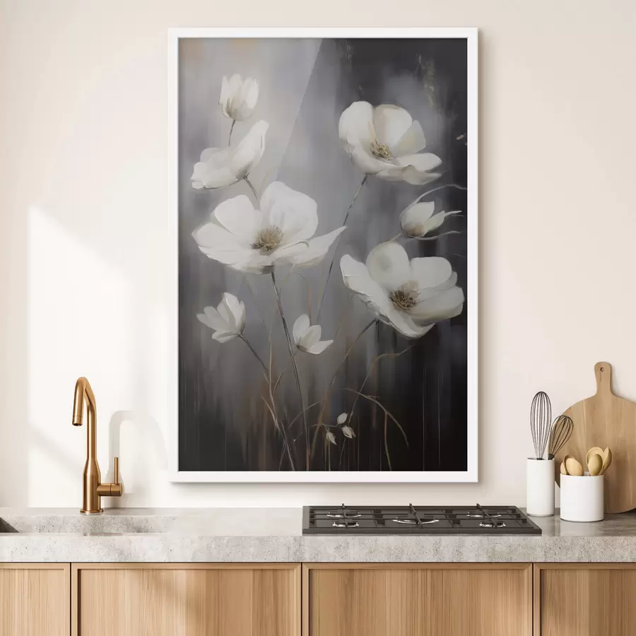 Fototapetai Balta gėlė su rudu centru ir plonu stiebu ant tamsaus, tekstūruoto fono f47858