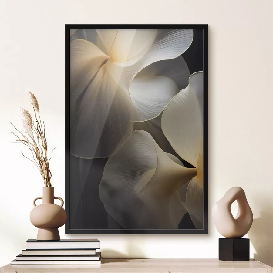 Fototapetai Abstrakčios, permatomos žiedlapių formos figūros su subtiliais kontūrais, kontrastuojančios su tamsiu fonu. f47859