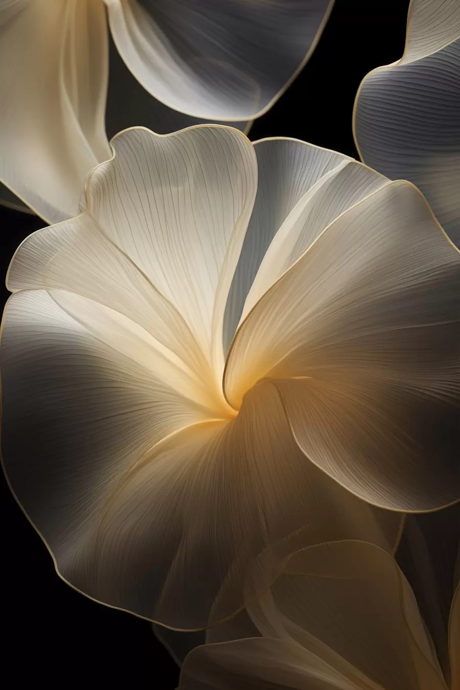 Fototapetai Abstrakčios, permatomos žiedlapių formos figūros su subtiliais kontūrais, kontrastuojančios su tamsiu fonu. f47860