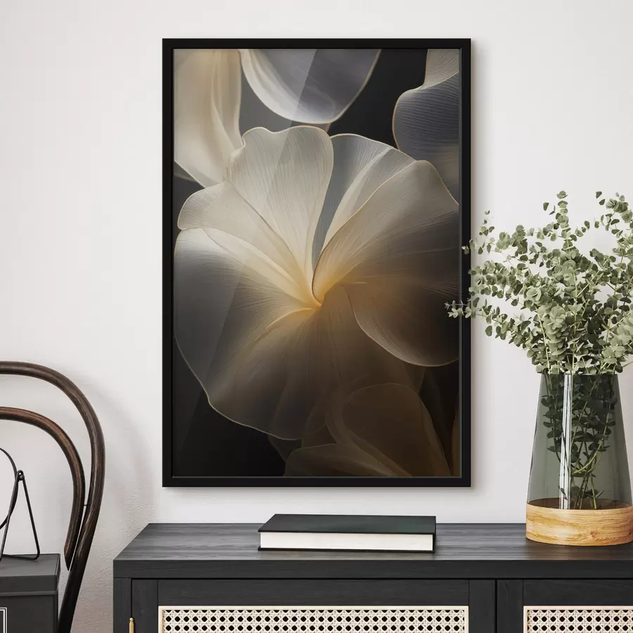 Fototapetai Abstrakčios, permatomos žiedlapių formos figūros su subtiliais kontūrais, kontrastuojančios su tamsiu fonu. f47860