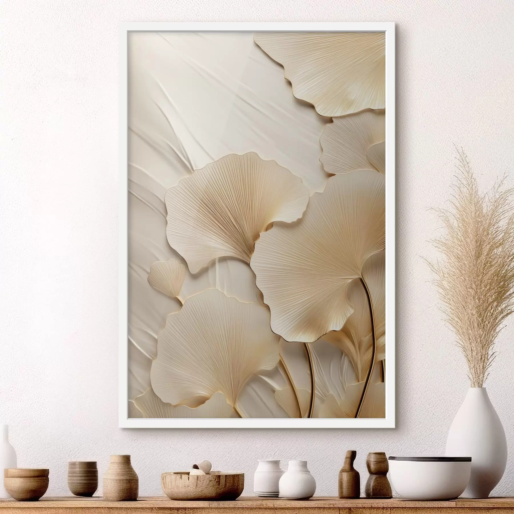 Fototapetai Ginkgo abstrakčios lapai ant tekstūruoto, šviesaus fono, elegantiška ir abstrakti kompozicija f47867