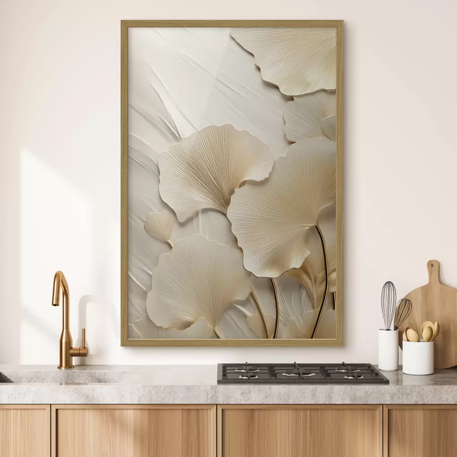 Fototapetai Ginkgo abstrakčios lapai ant tekstūruoto, šviesaus fono, elegantiška ir abstrakti kompozicija f47867