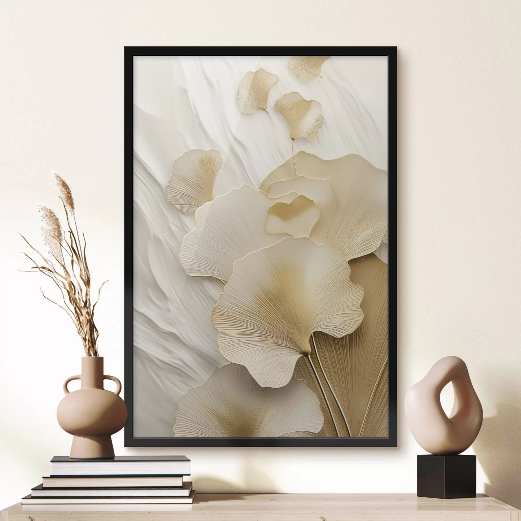 Fototapetai Ginkgo abstrakčios lapai ant tekstūruoto, šviesaus fono, elegantiška ir abstrakti kompozicija f47868