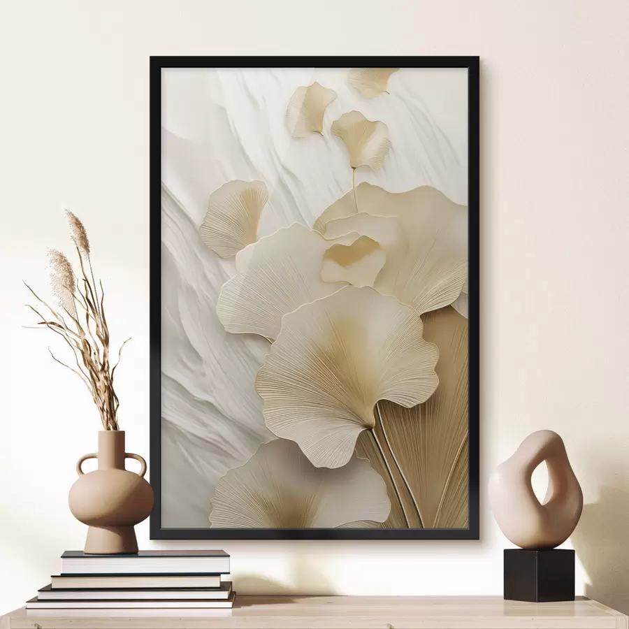 Fototapetai Ginkgo abstrakčios lapai ant tekstūruoto, šviesaus fono, elegantiška ir abstrakti kompozicija f47868