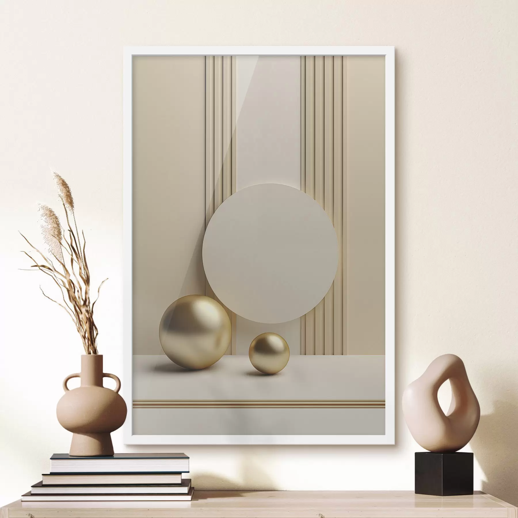 Fototapetai Abstraktus smėlio spalvos modernusis menas su vertikaliomis linijomis ir sferomis f47872