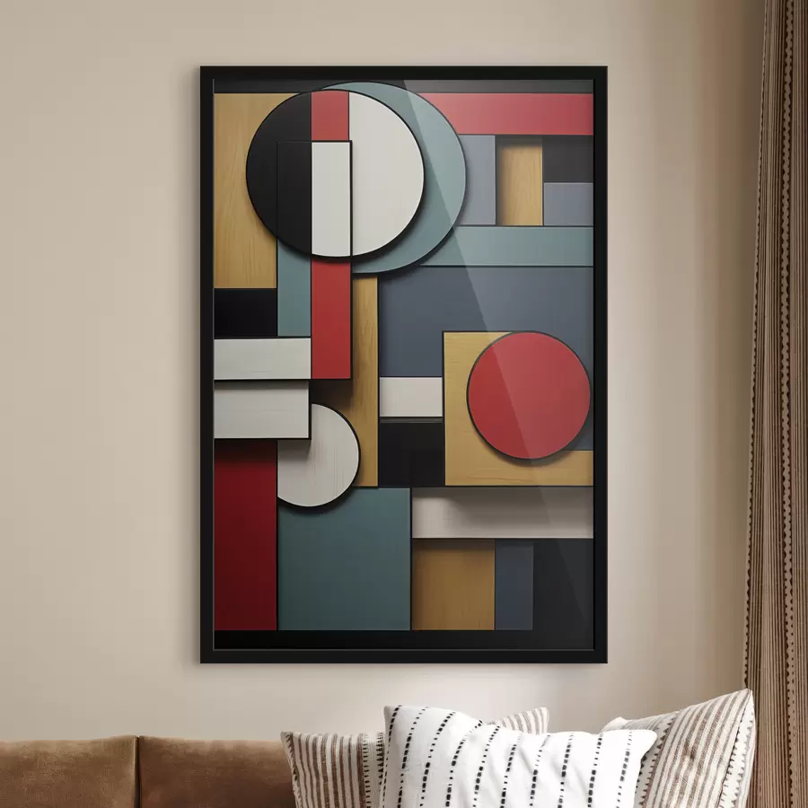 Fototapetai Abstrakčioji geometrinė kompozicija su medžio tekstūros imitacija, raudonais, juodais, baltais ir žaliais stačiakampiais ir apskritimais f47875