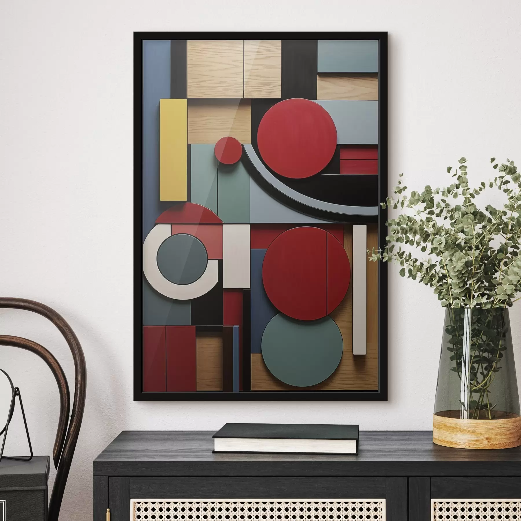 Fototapetai Abstrakčioji geometrinė kompozicija su medžio tekstūros imitacija, raudonais, juodais, baltais ir žaliais stačiakampiais ir apskritimais f47876