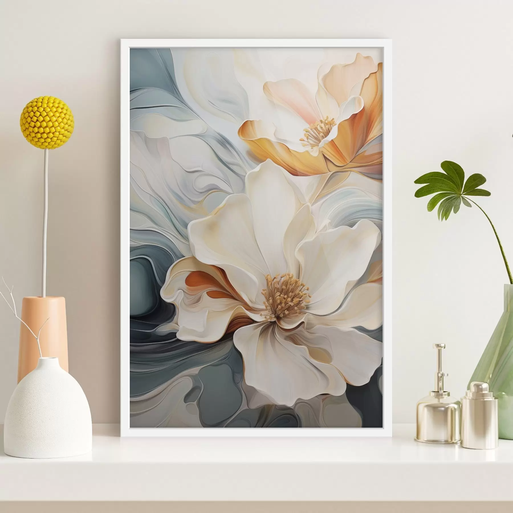 Fototapetai Abstraktus didelis gėlė su baltais, oranžiniais ir žalios spalvos žiedlapiais, tekstūruotu fonu f47878