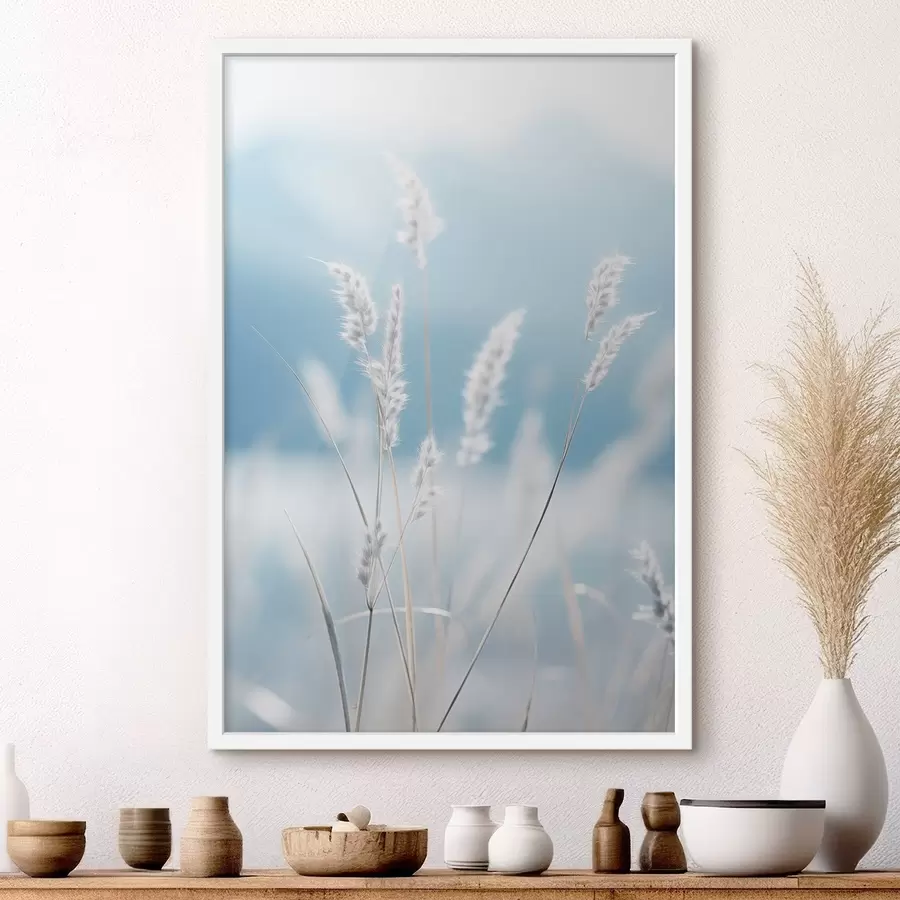 Fototapetai Balta puri žolė prieš švelnų mėlyną dangų, su nedideliu lauko gilumu f47880