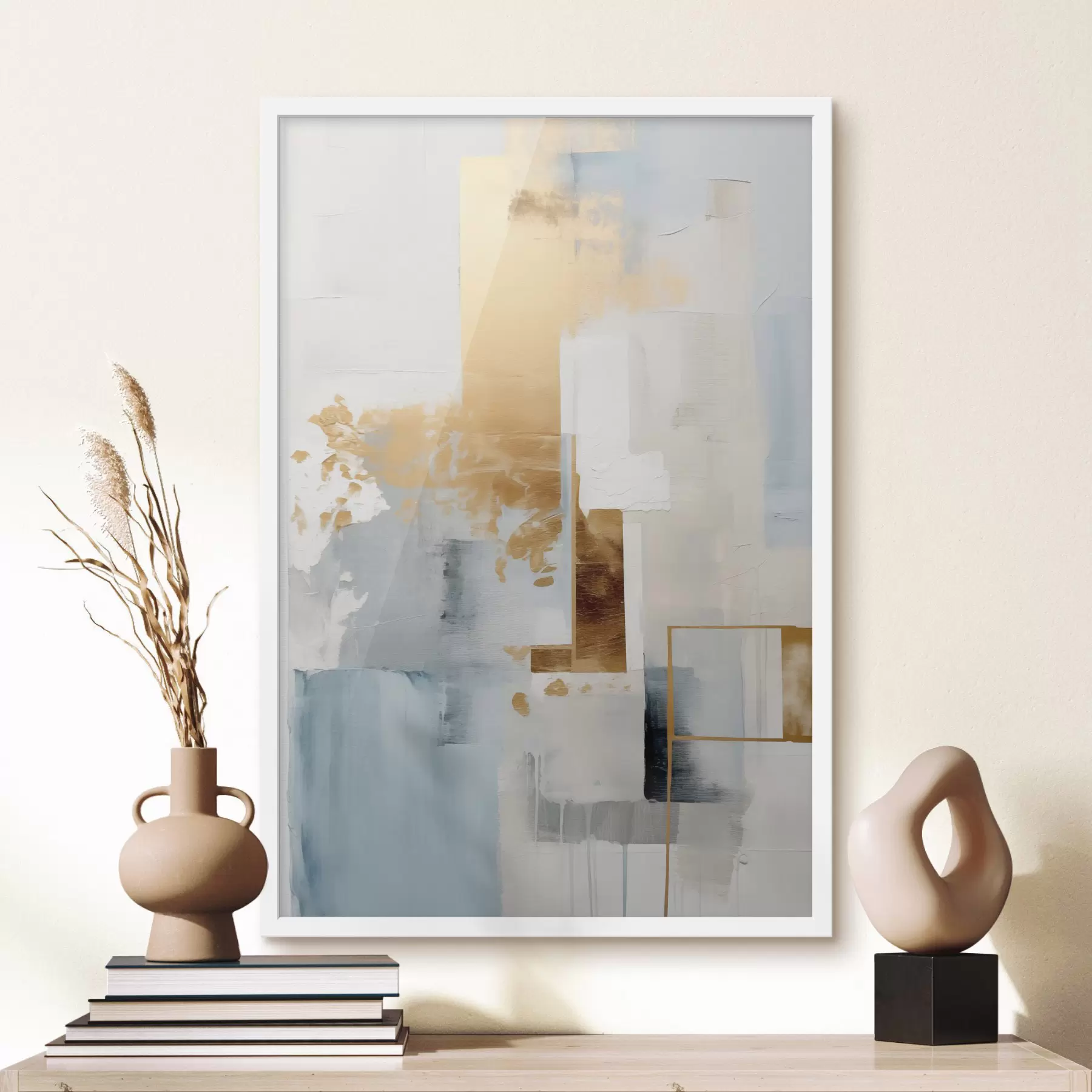 Fototapetai Abstrakčios geometrinės formos su geltonos, mėlynos ir baltos spalvomis, tekstūruota ir minimalistinė kompozicija f47881