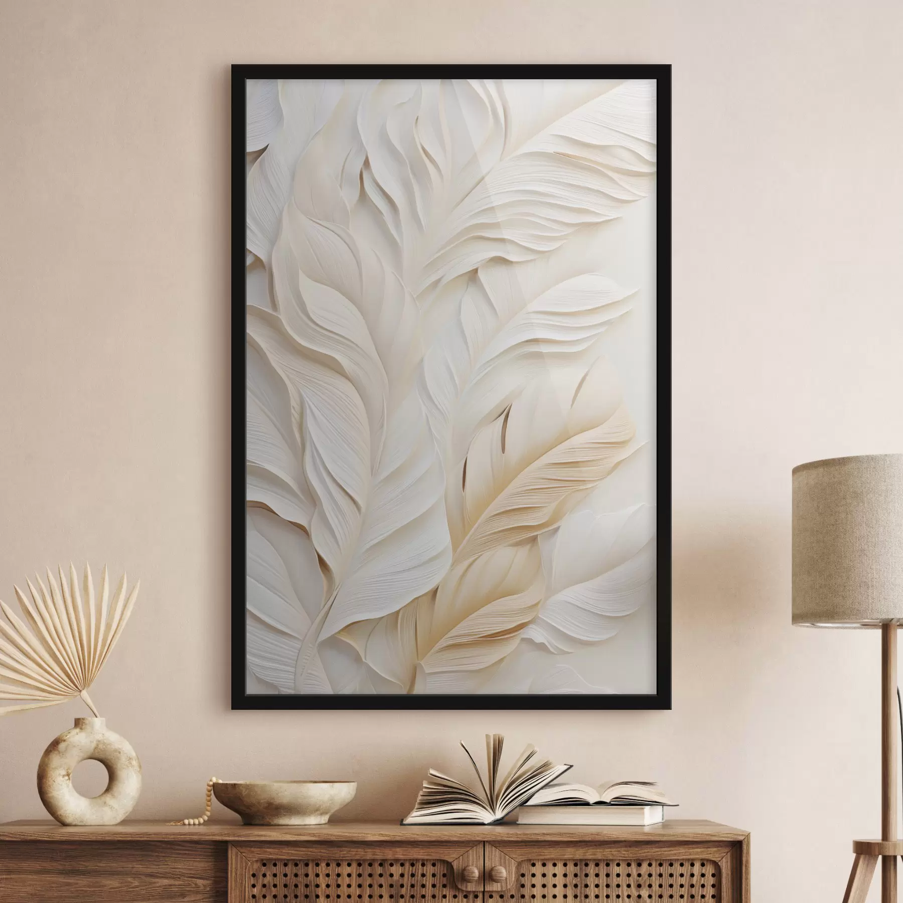 Fototapetai Kreminės spalvos plunksnos, persidengiančios viena kitą, su švelniu, šviesiu fonu f47884