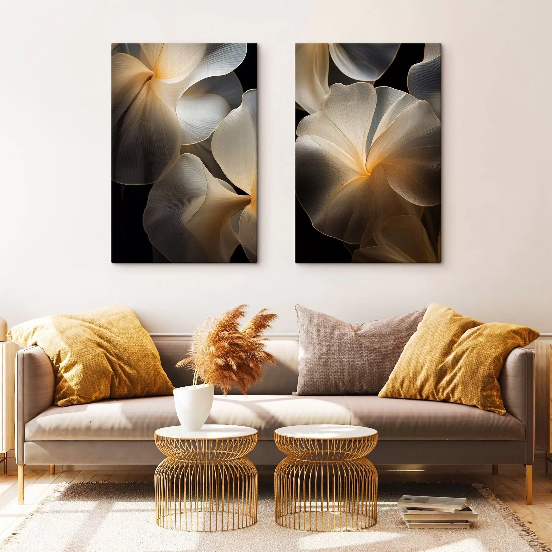 Paveikslėlis Abstrakčios, permatomos žiedlapių formos figūros su subtiliais kontūrais, kontrastuojančios su tamsiu fonu. m30050