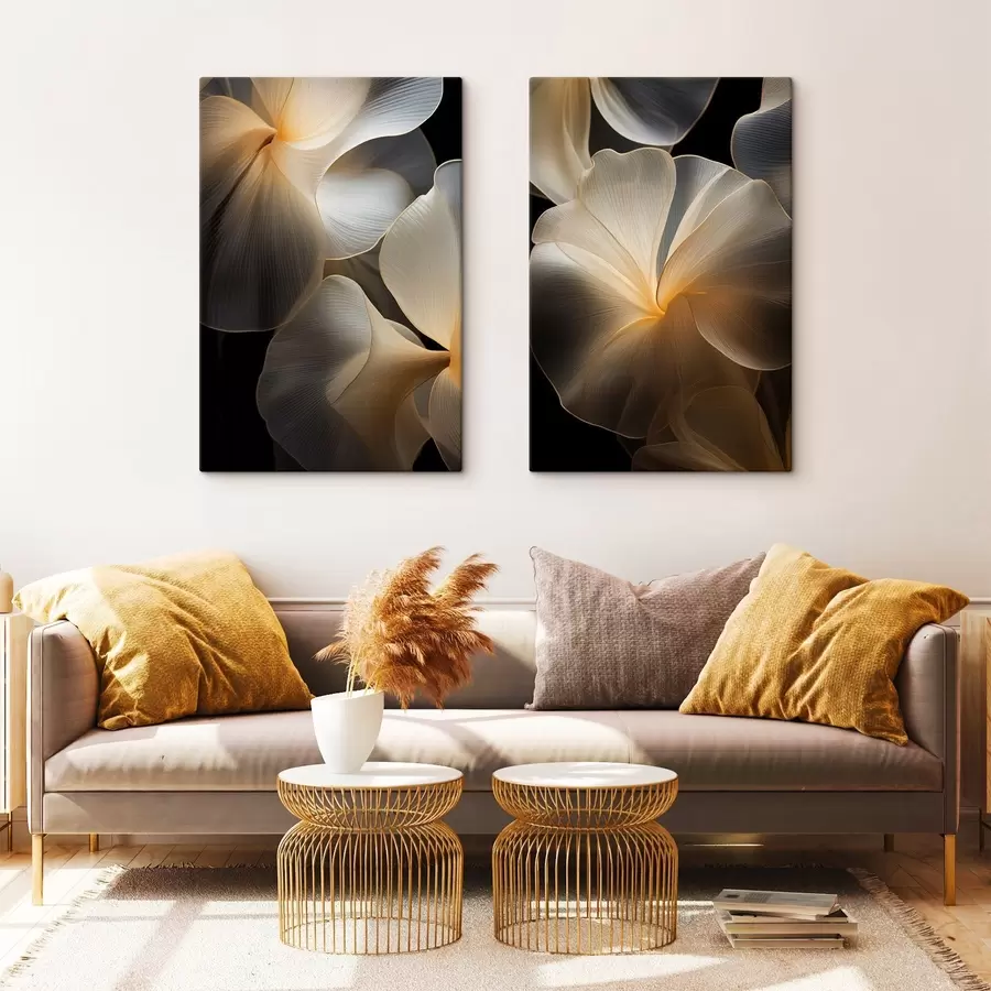 Paveikslėlis Abstrakčios, permatomos žiedlapių formos figūros su subtiliais kontūrais, kontrastuojančios su tamsiu fonu. m30050