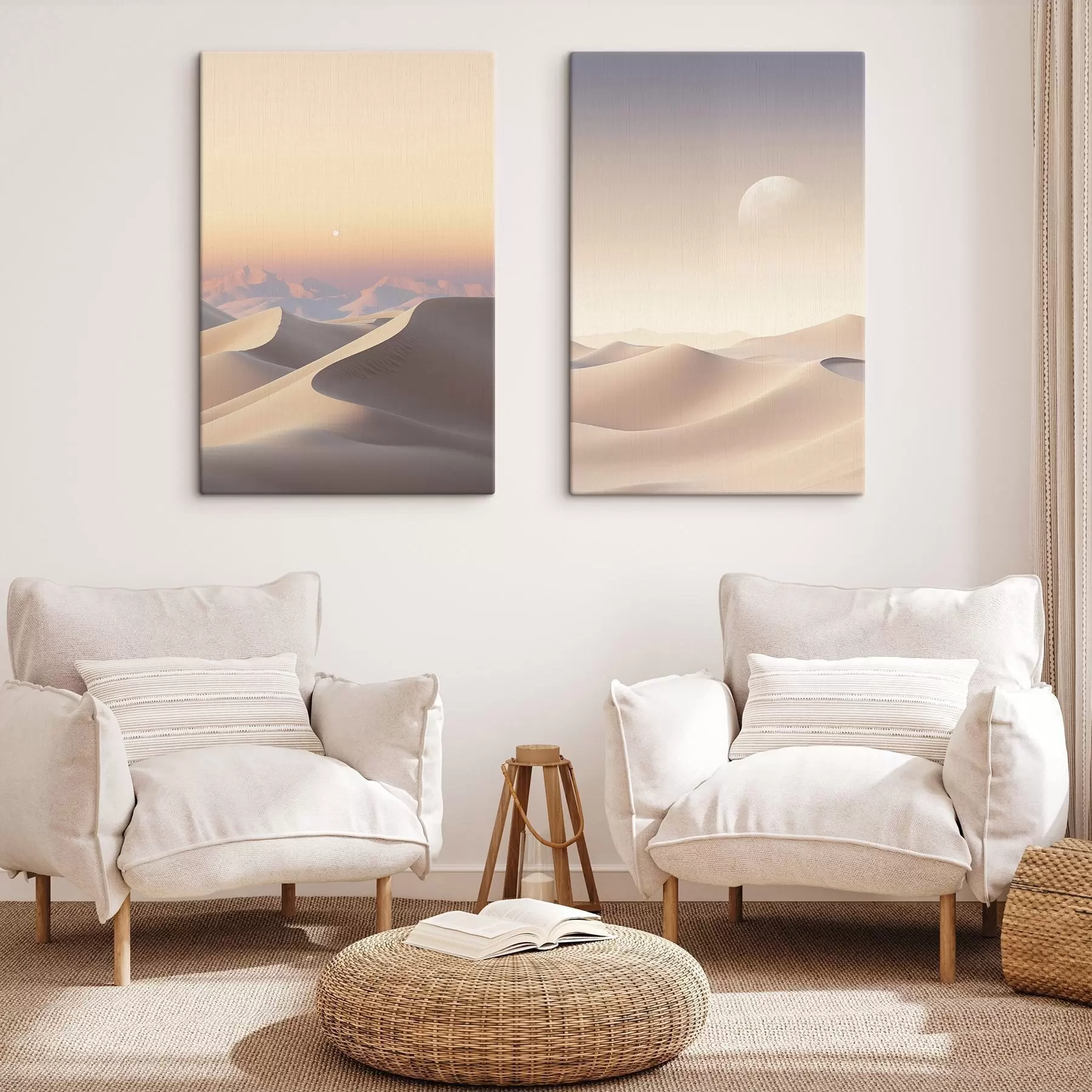 Paveikslėlis Dykumos kraštovaizdis su banguojančiomis smėlio kopomis po švelniu pastelinės spalvos dangumi, tolumoje matomos kalvos m30053