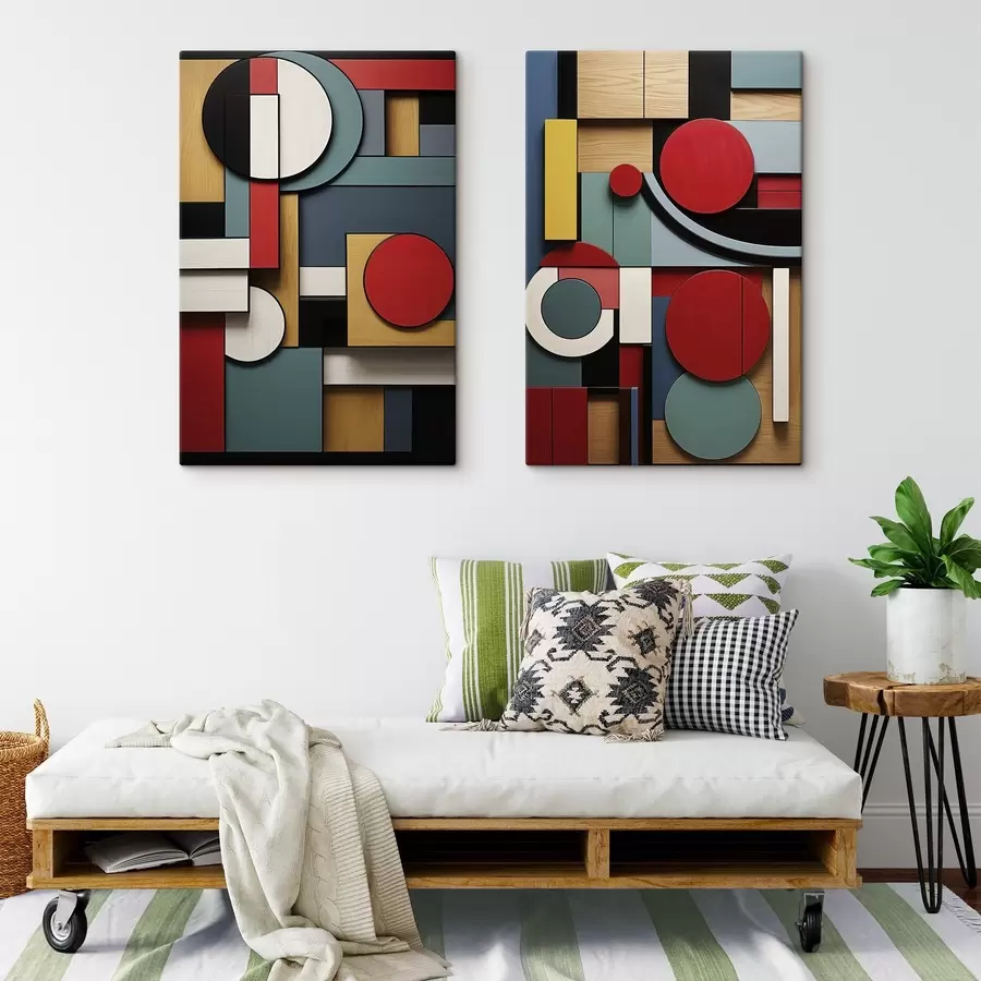 Paveikslėlis Abstrakčioji geometrinė kompozicija su medžio tekstūros imitacija, raudonais, juodais, baltais ir žaliais stačiakampiais ir apskritimais m30058