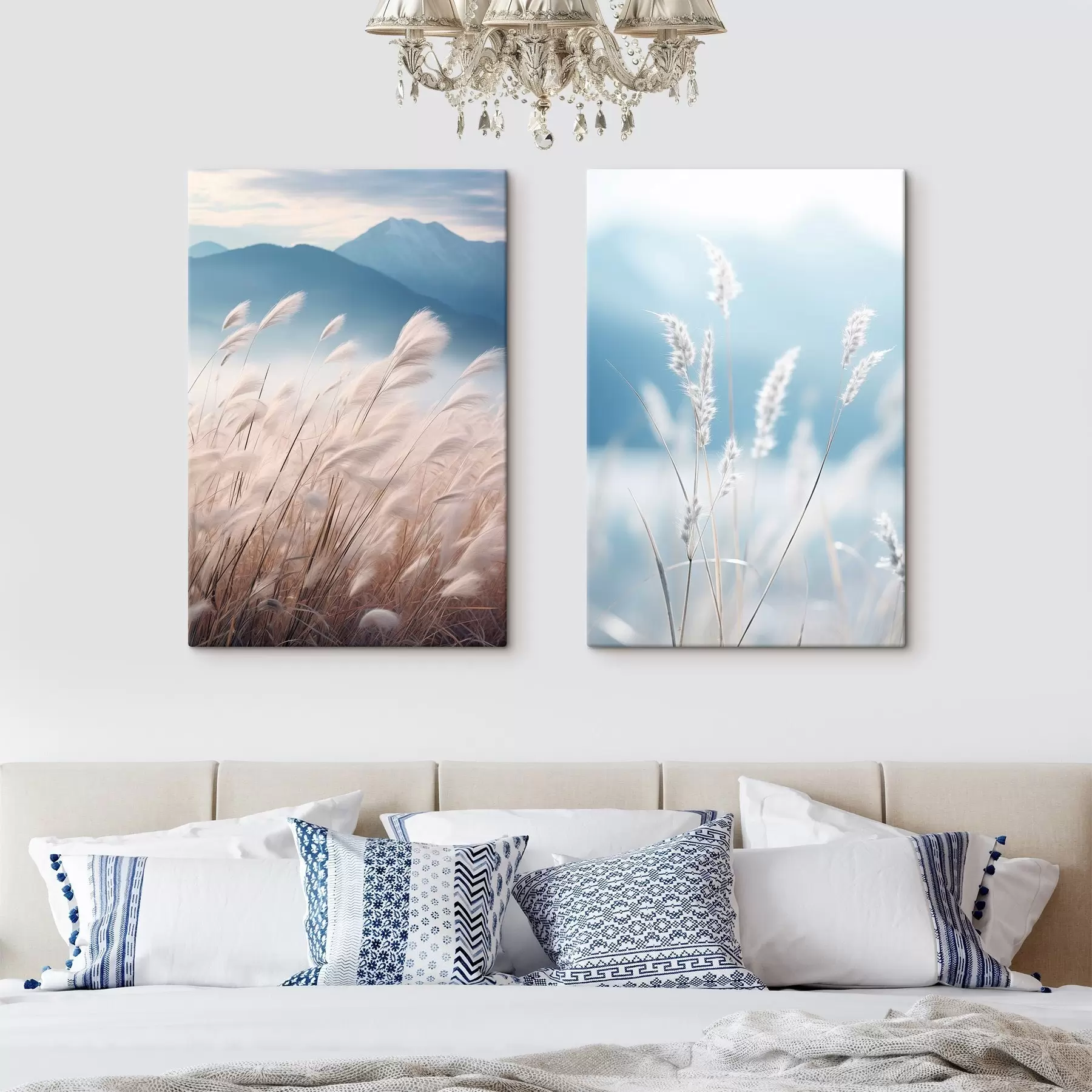 Paveikslėlis Aukšta, balta pampų žolė, plazdenanti vėjyje, o fone matyti švelnios mėlynos kalvos. m30060