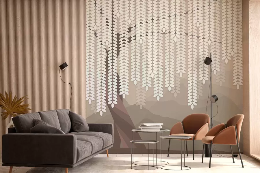 Fototapetai stilizuotas gluosnis su kabančiais lapais prieš minimalistinių kalnų foną kavos atspalviais w05232v2