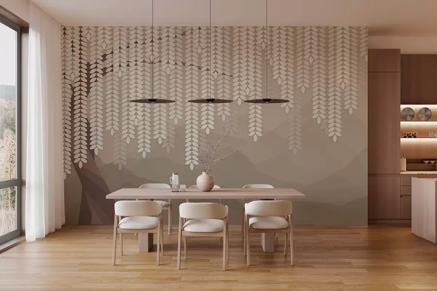 Fototapetai stilizuotas gluosnis su kabančiais lapais prieš minimalistinių kalnų foną kavos atspalviais w05232v2