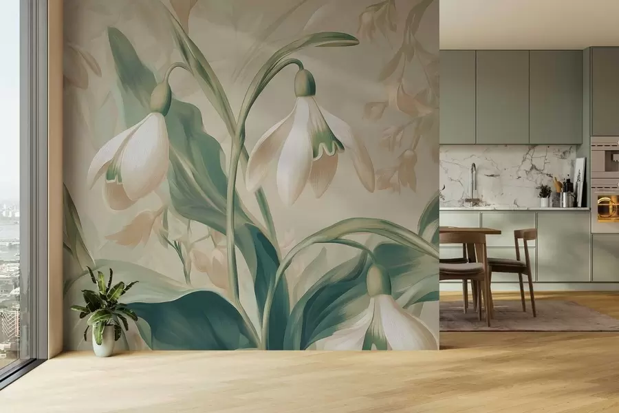 Fototapetai žydintys snieguolės ant smėlio spalvos fono w05234