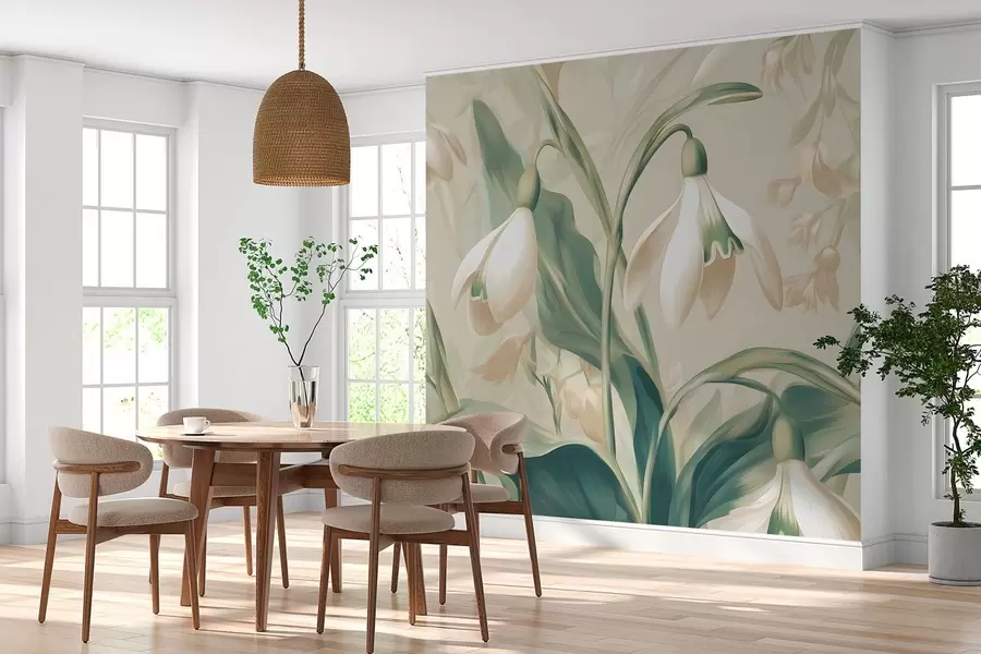 Fototapetai žydintys snieguolės ant smėlio spalvos fono w05234