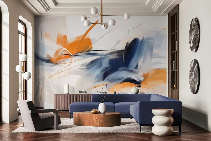 Fototapetai Abstraktus tapybos stilius su oranžiniais ir mėlynais tekstūriniais potėpiais w09755